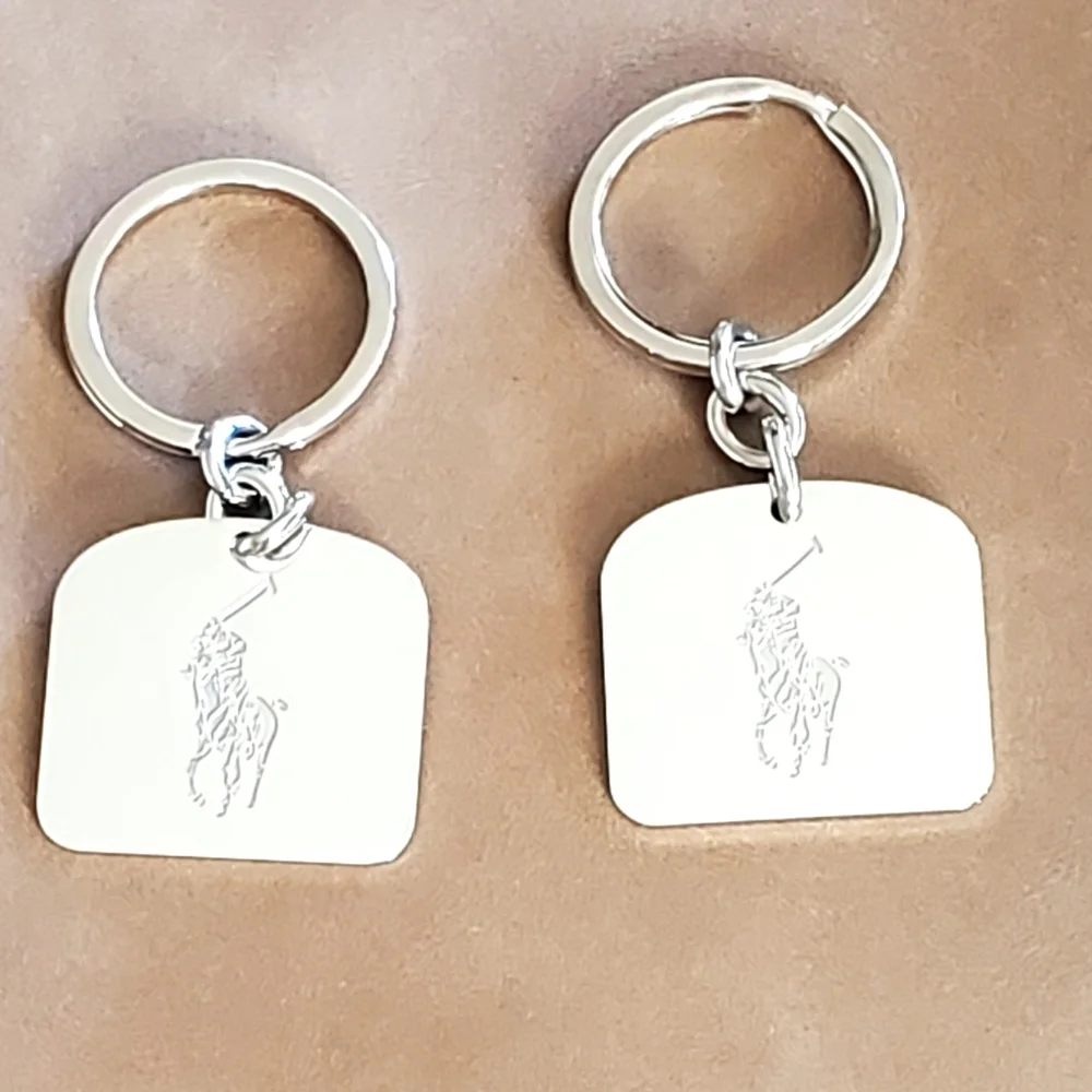 Polo Ralph Lauren Set of 2 Silver Tone Metal Engraved Logo Key Chains, NWOT